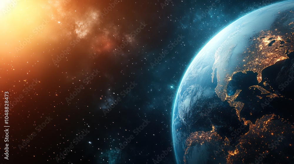 Earth seen from space with glowing city lights, illuminating the planet's surface in a vibrant display. Earth seen from space with glowing city lights, illuminating the planet's surface in a vibrant display.
