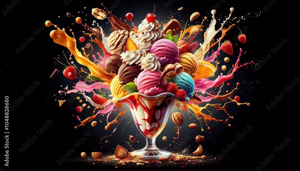 This vibrant and dynamic image showcases an explosion of various sweets ...