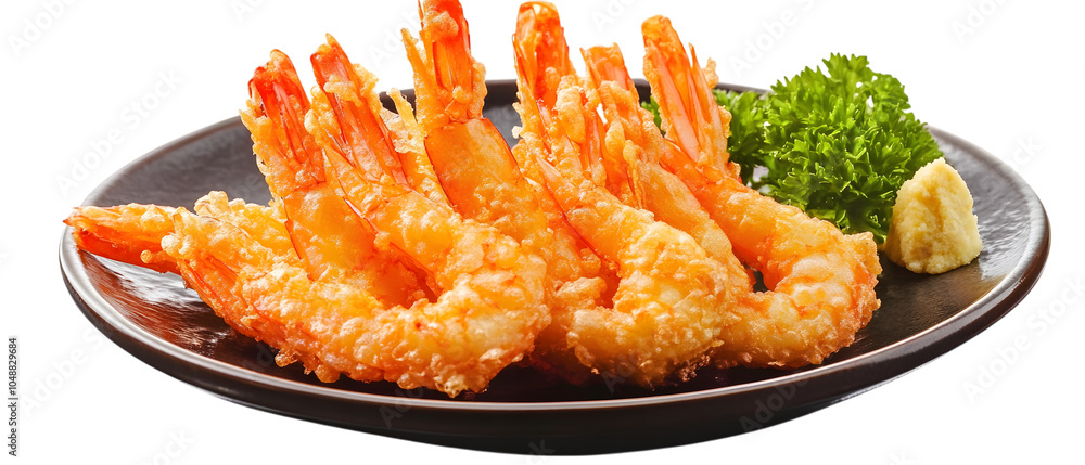 Tempura fried shrimp in a plate, isolated on a white transparent background Tempura fried shrimp in a plate, isolated on a white transparent background