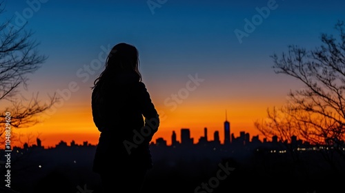 Silhouette of a person against a vibrant sunset over a city skyline.