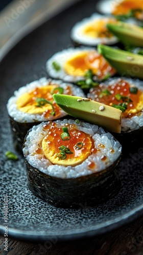 Close up of sushi rolls with avocado, egg, and caviar on a black plate.