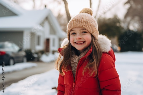 Smiling young Caucasian girl on the driveway during winter