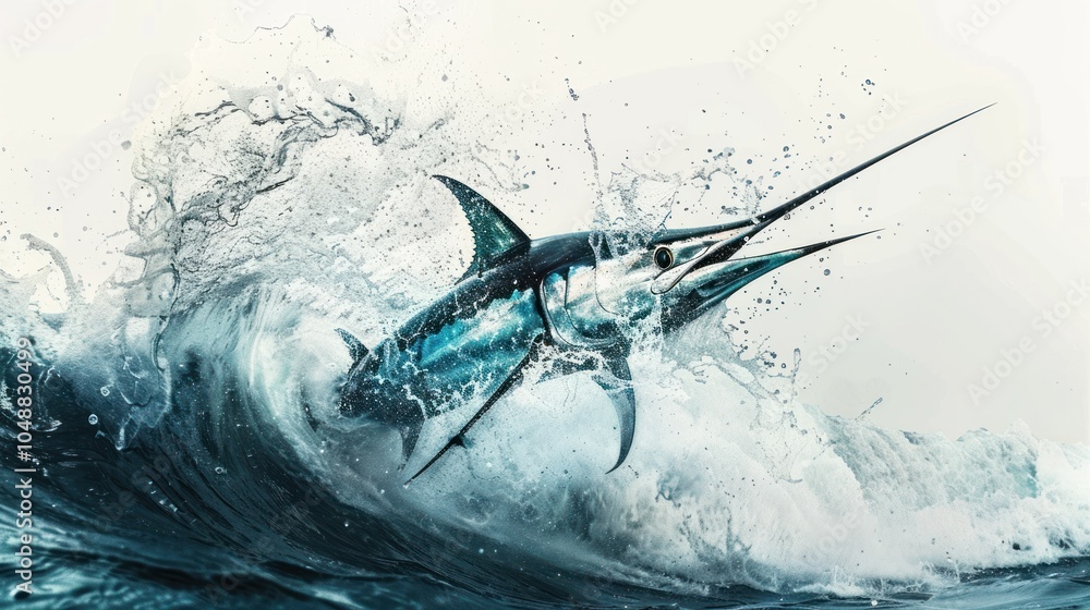 Fototapeta premium A Sailfish Leaps Through a Splashing Wave