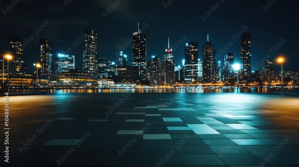 Fototapeta premium Empty square floor at night, with a vibrant city skyline in the background, lights illuminating the view.