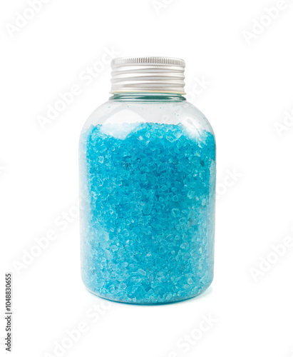 Blue Salt Crystals in Bottle Isolated, Bath Salt for Spa Relax, Cupric Sulfate or Copper Sulfate, Pool Algicide photo