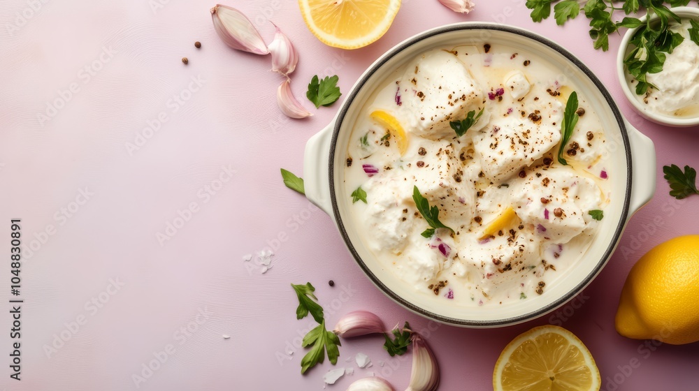 A bowl of creamy white fish with lemon and parsley, arranged on a pink background with garlic cloves and peppercorns. A bowl of creamy white fish with lemon and parsley, arranged on a pink background with garlic cloves and peppercorns.