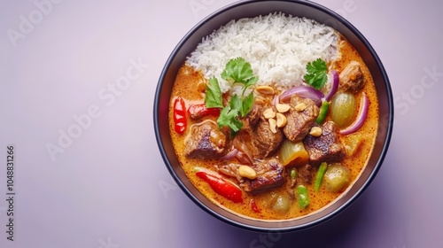 A bowl of delicious Thai red curry with beef, vegetables, and rice.