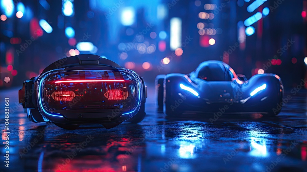 Futuristic virtual reality headset and sports car in a neon-lit city setting. Futuristic virtual reality headset and sports car in a neon-lit city setting.