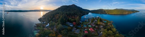 Aerial panorama of Genoa Bay and Cowichan Bay at sunset. Vancouver Island, British Columbia, Canada