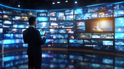 A news anchor in a high-tech studio, reporting on the top trending topics with live social media feeds in the background