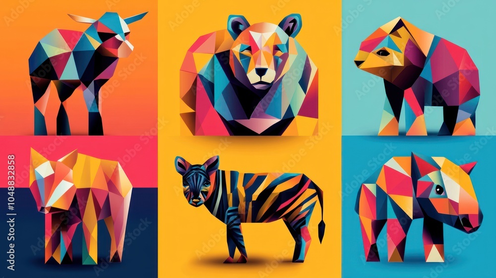 Geometric animal art in colorful boxes, with abstract shapes and playful animal illustrations. Geometric animal art in colorful boxes, with abstract shapes and playful animal illustrations.