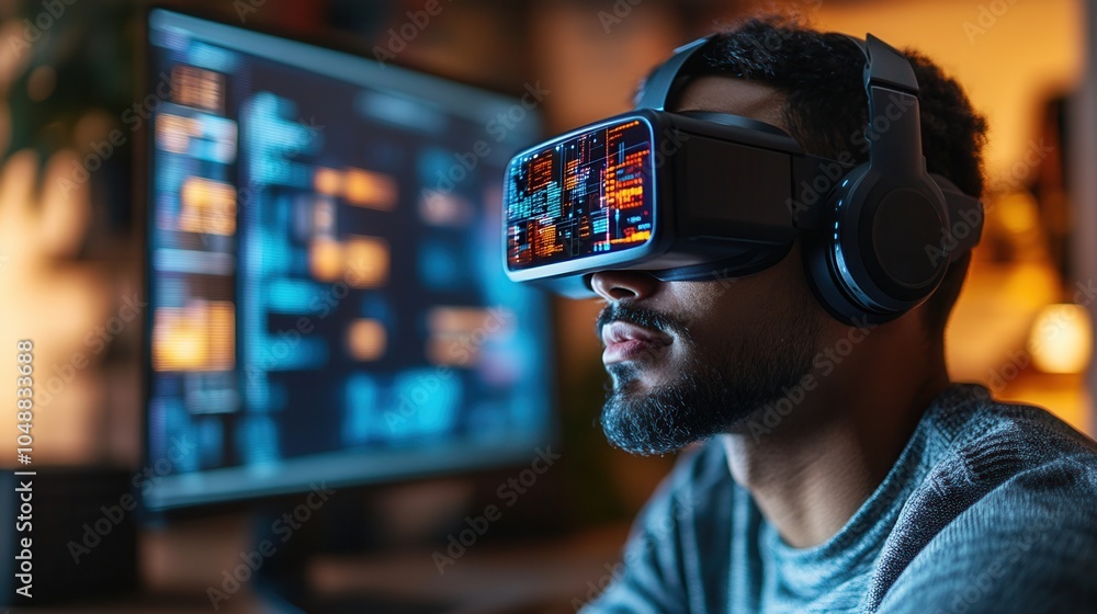 A focused individual experiences immersive virtual reality with a VR headset, engaging in advanced digital interaction. A focused individual experiences immersive virtual reality with a VR headset, engaging in advanced digital interaction.