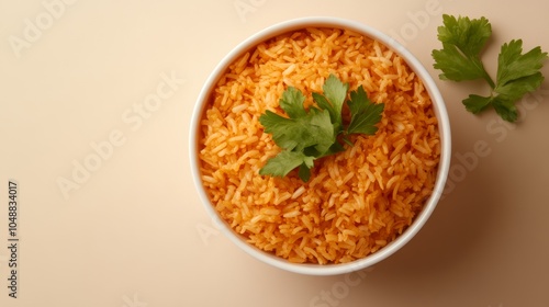 A bowl of red rice with parsley garnish on a light beige background.