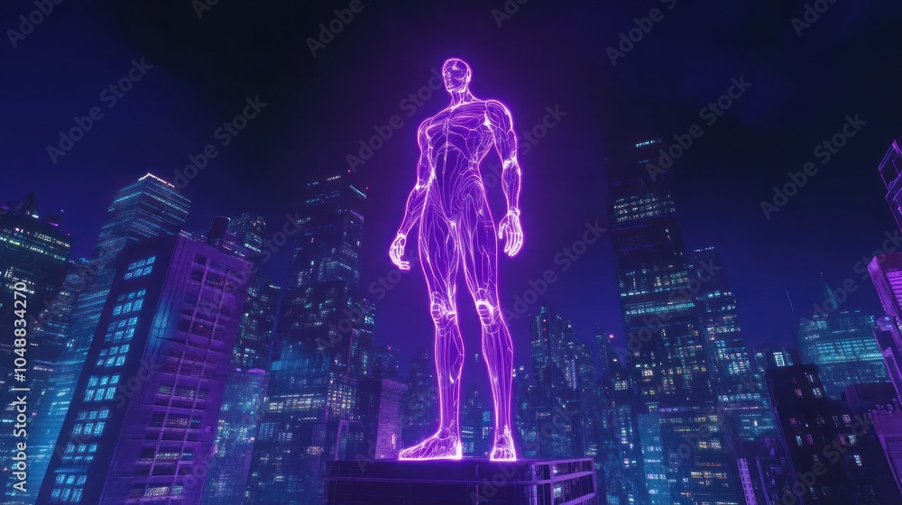 Glowing neon statue rising high above a futuristic city at night. Glowing neon statue rising high above a futuristic city at night.