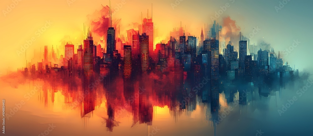 A stunning skyline at sunset, featuring a cityscape with towering skyscrapers silhouetted against a vibrant blend of orange and blue hues, reflecting on calm waters. A stunning skyline at sunset, featuring a cityscape with towering skyscrapers silhouetted against a vibrant blend of orange and blue hues, reflecting on calm waters.