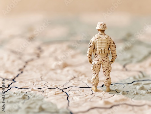 A soldier standing on a fractured map of the Middle East, with battle lines drawn across the region, Geopolitical conflicts in the Middle East, war and territorial disputes concept photo