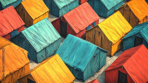 Aerial view of a sprawling migrant camp under harsh sunlight, with vibrant tarpaulins and tents forming a geometric patchwork, migrant camp, human perseverance photo