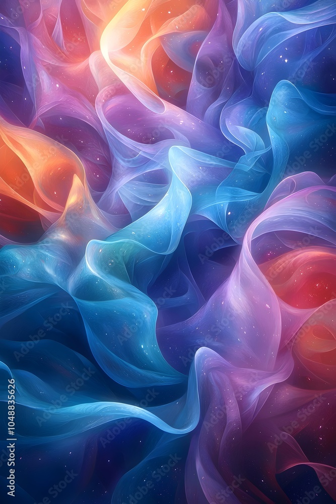Naklejka premium A mesmerizing abstract swirl of colorful translucent waves in shades of blue, orange, and purple, creating a dreamy and ethereal atmosphere.