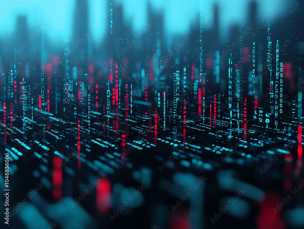 Fototapeta premium Binary code streaming down over a city skyline, with key infrastructure quietly being seized, Silent digital coup takeover, cyber control of cities concept