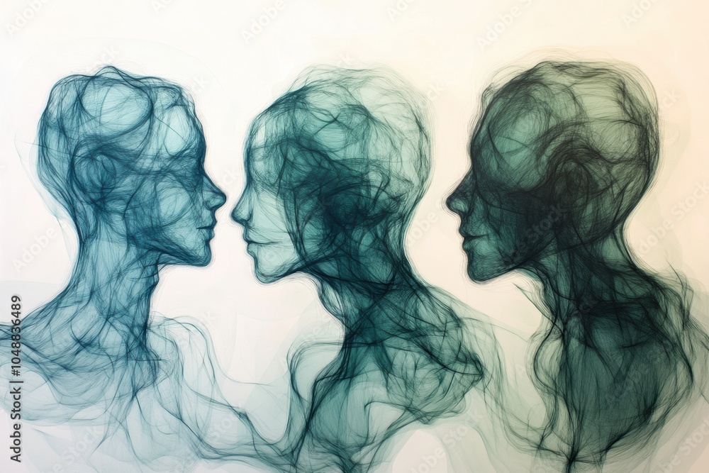 Hand-drawn abstract art of interconnected lines forming human silhouettes, flowing and expressive, soft gradients, emotionally evocative