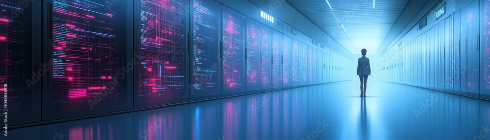 A lone figure walks through a futuristic data center, surrounded by glowing servers and vibrant lights, symbolizing technology and innovation. A lone figure walks through a futuristic data center, surrounded by glowing servers and vibrant lights, symbolizing technology and innovation.