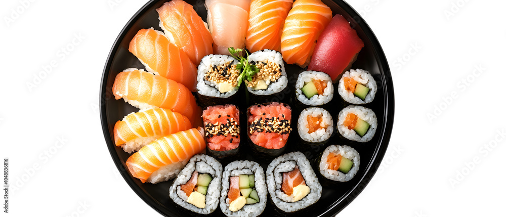 Set of top view Japanese sushi on a black plate including rolled rice, tuna, and salmon, isolated on a white transparent background