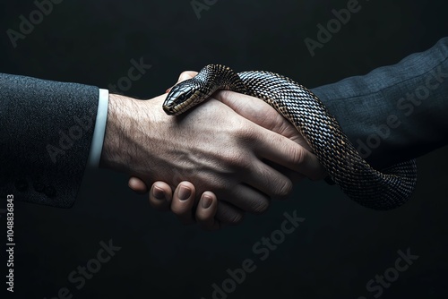 Hands shaking in a dark room, with one hand holding a snake behind its back, symbolizing hidden MLM dangers, Deceptive handshake, concealed motives in business concept