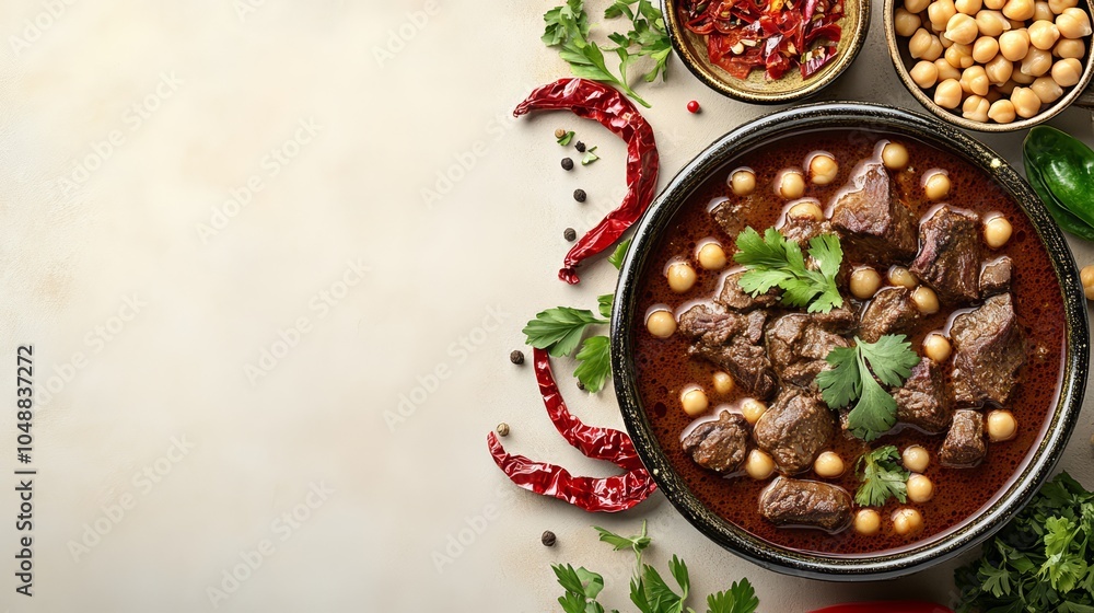 A close-up of a traditional Middle Eastern stew with chickpeas, beef, and parsley, surrounded by various ingredients. A close-up of a traditional Middle Eastern stew with chickpeas, beef, and parsley, surrounded by various ingredients.