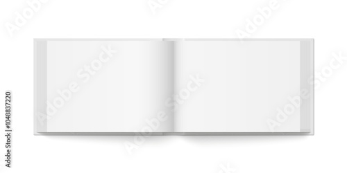 Vector mockup of hardcover horizontal book spread with white cover isolated. Realistic book, brochure or booklet template opened on white background. 3d illustration.