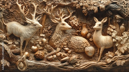 Intricate wood carving art showcasing a detailed scene of woodland creatures amidst a natural forest setting.