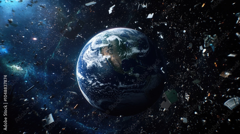 Obraz premium 3D artwork of Earth in space surrounded by thousands of pieces of space debris and defunct satellites, symbolizing pollution beyond our planet.