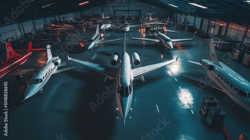 Illuminated Private Jets in Spacious Hangar - High-Angle View of Luxury Aircraft Collection at Night photo