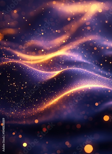 Abstract purple and gold wave background with glowing particles.