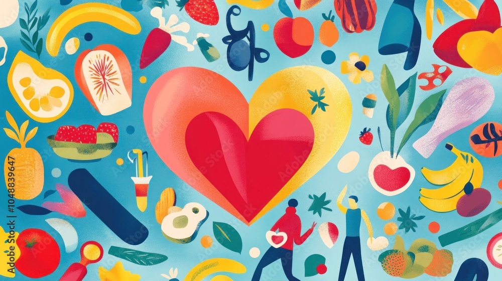 A colorful illustration with a heart at the center, surrounded by images of fruits, vegetables, and people, representing healthy living and the importance of a balanced diet. A colorful illustration with a heart at the center, surrounded by images of fruits, vegetables, and people, representing healthy living and the importance of a balanced diet.