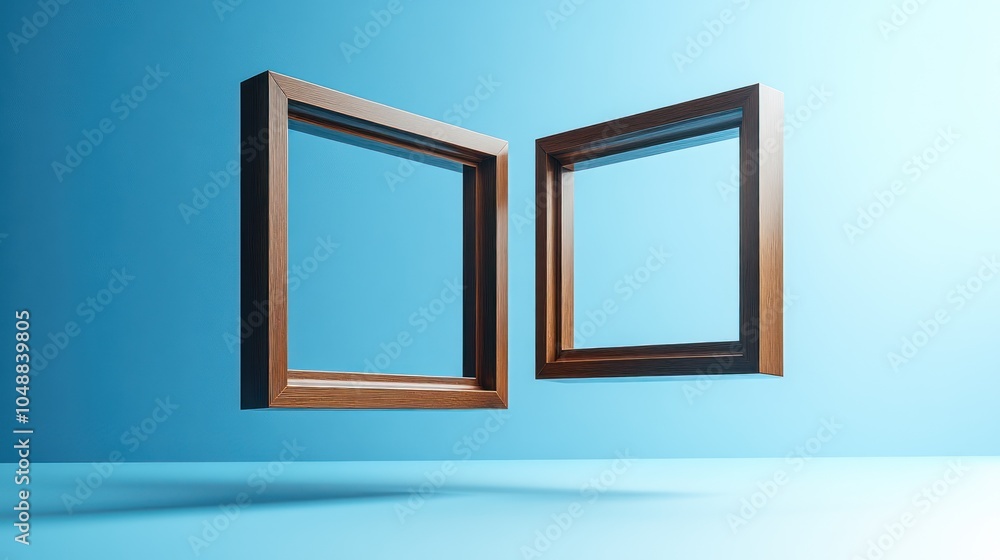 Two floating wooden picture frames against a blue background. Two floating wooden picture frames against a blue background.
