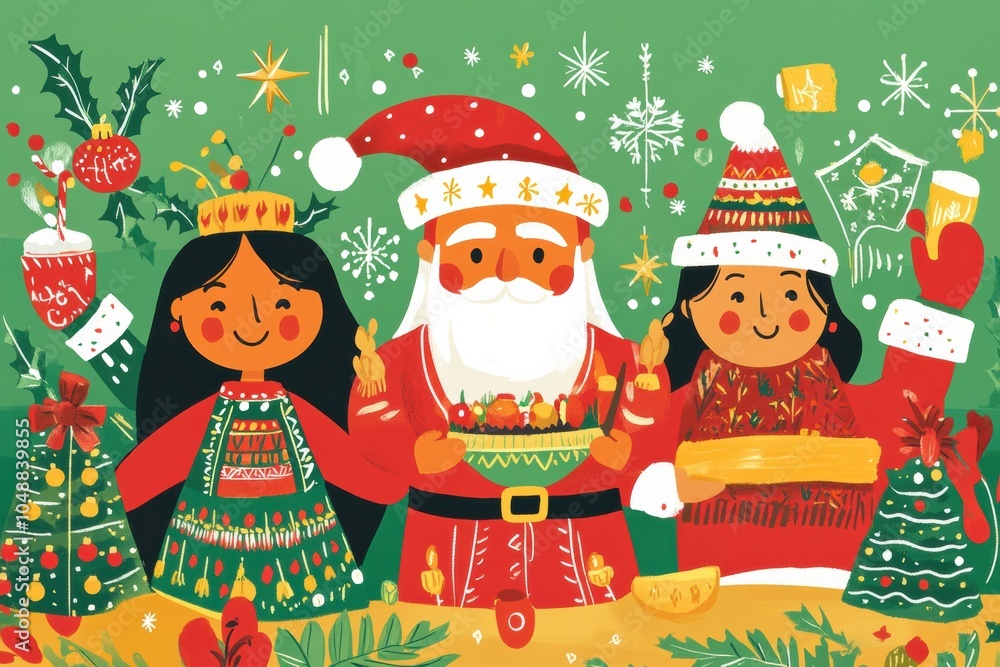 Fototapeta premium Illustration showing different cultural Christmas celebrations from around the world, including traditional foods, decorations, and attire, capturing the global holiday spirit