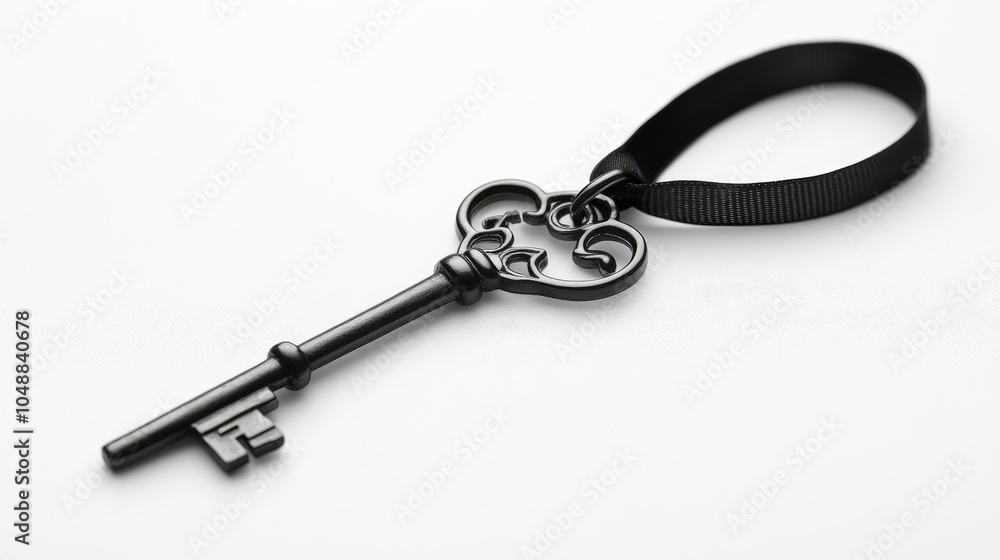 A single antique skeleton key with a black ribbon loop isolated on a white background. A single antique skeleton key with a black ribbon loop isolated on a white background.