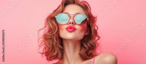 Attractive young woman in sunglasses sending a kiss against a pink background with space for text. with copy space image. Place for adding text or design