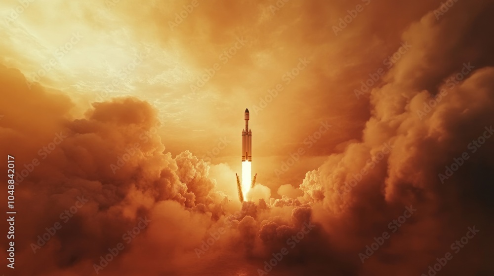 Obraz premium Rocket launching from the pad, surrounded by a thick plume of smoke and fire.
