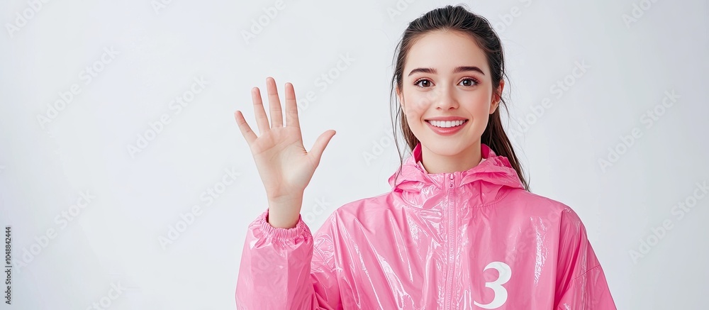 © vxnaghiyev - A young brunette woman dressed in a pink raincoat smiles and appears friendly against a white studio background holding up her hand to show the number three as she counts down. with copy space image