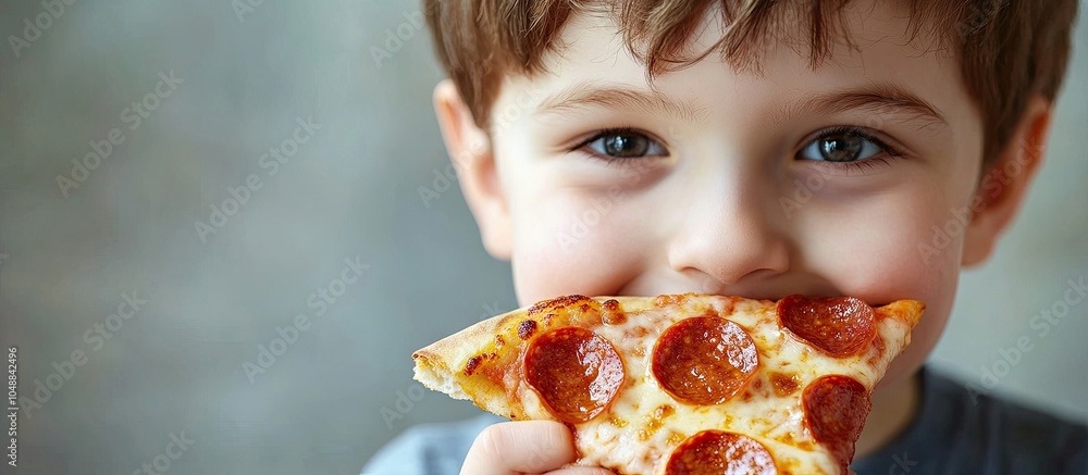 Adorable boy enjoying a slice of pepperoni and cheese pizza close up copy space Unhealthy food idea Adorable boy enjoying a slice of pepperoni and cheese pizza close up copy space Unhealthy food idea
