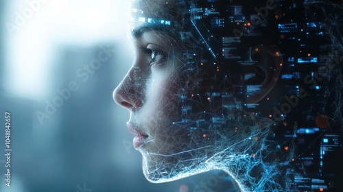 A digital composite of a woman's profile intertwined with computer circuitry, symbolizing the intersection of humanity and technology, possibly representing AI or digital identity.