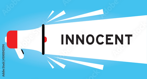 Color megaphone icon with word innocent in white banner on blue background