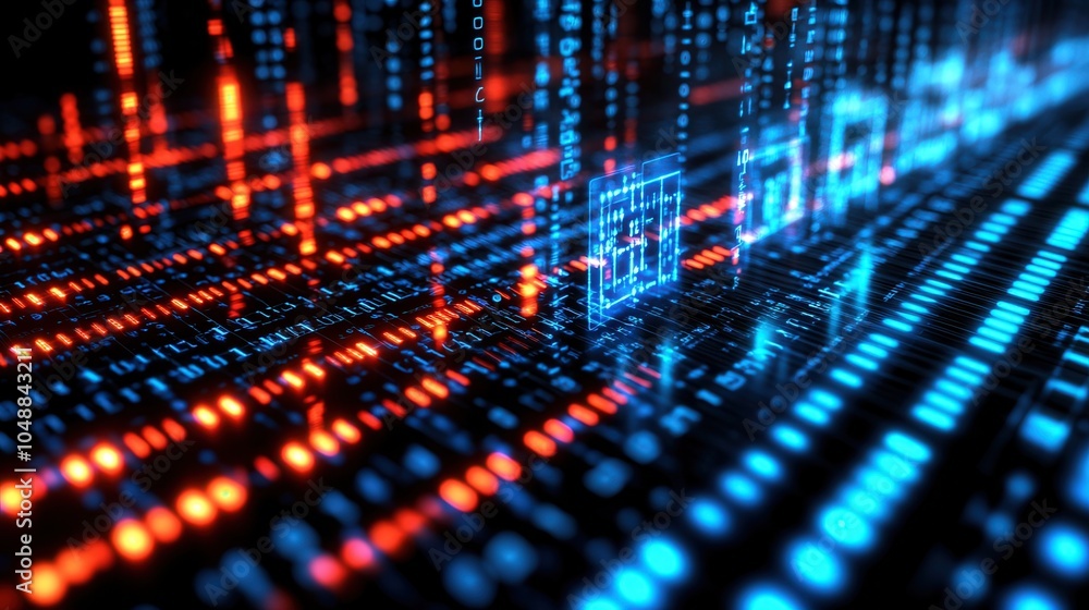 Obraz premium A vibrant digital landscape showcasing abstract data streams in blue and orange, perfect for technology and innovation themes.