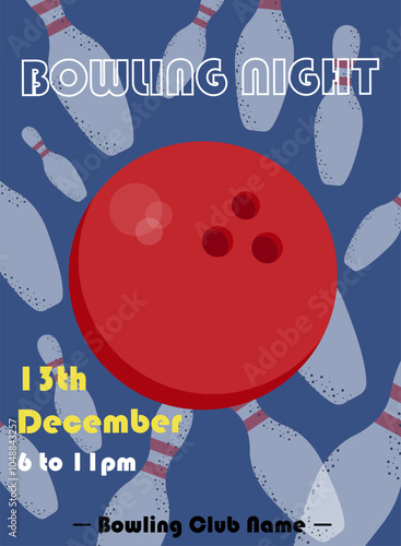 Bowling night poster template. Bowling ball and pins on blue background. Bowling club A4 scaled illustration.
