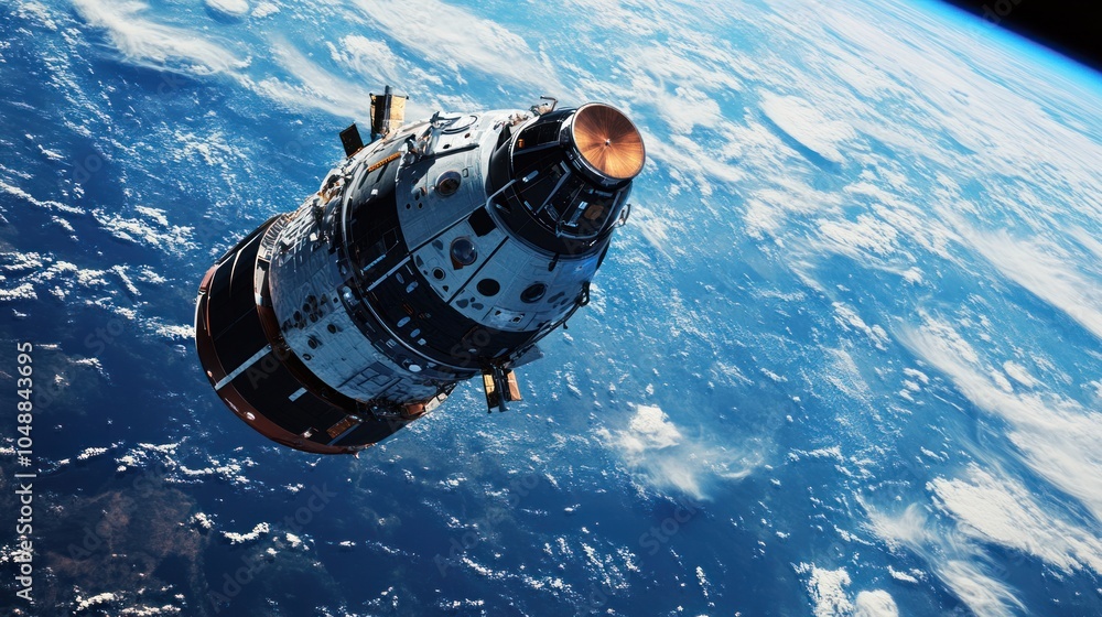 Fototapeta premium Spacecraft ascending in space, the curvature of Earth visible below as it climbs.