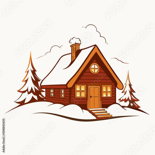 Snow-covered wooden house with warm lights in cozy winter landscape
