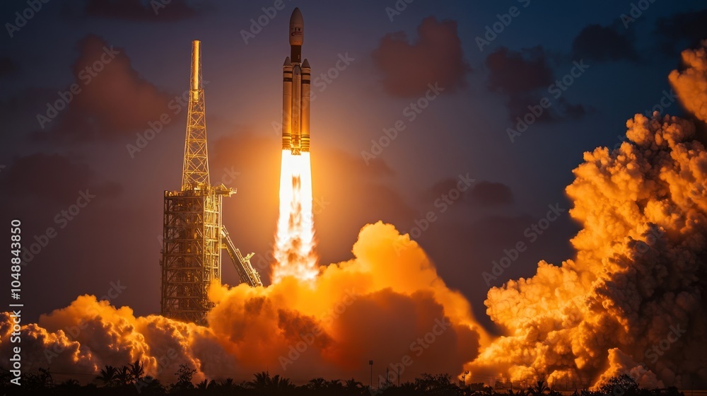 Obraz premium Spacecraft launching from the ground, engines firing and smoke trailing behind.