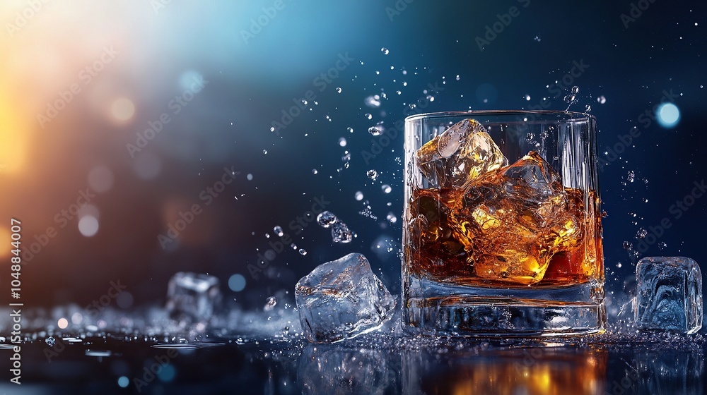 Splash of Whiskey and ice cubes bokeh background. Splash of Whiskey and ice cubes bokeh background.