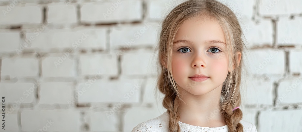 Lovely young girl against a backdrop of white brick wall. with copy space image. Place for adding text or design Lovely young girl against a backdrop of white brick wall. with copy space image. Place for adding text or design